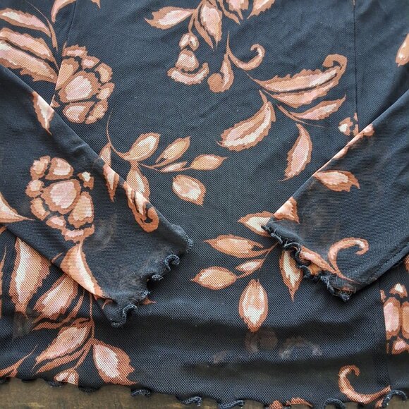 Promessa Black & Brown Floral Sheer Cropped Mesh Hooded Top L - Picture 5 of 7